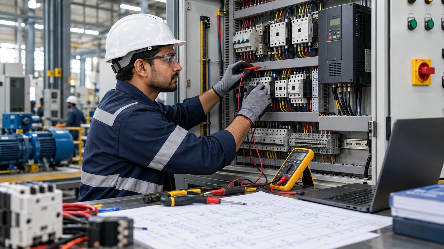Maintenance technician testing a control panel with a multimeter in a factory
