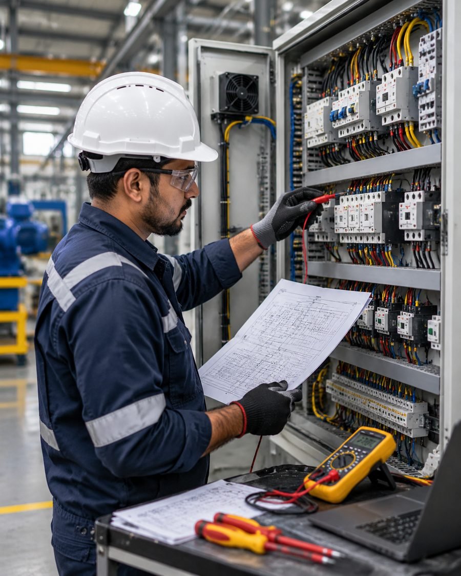 Technician holding a control schematic while probing a contactor terminal inside a panel