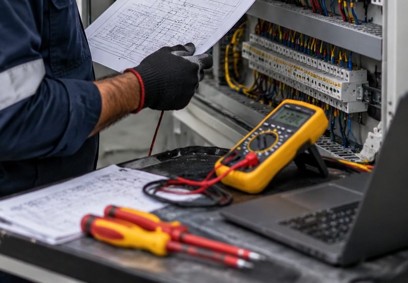 Multimeter and hand tools on a workbench with schematics