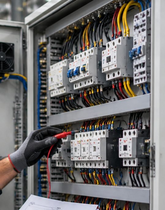 Close-up of ferruled control wiring on a DIN rail